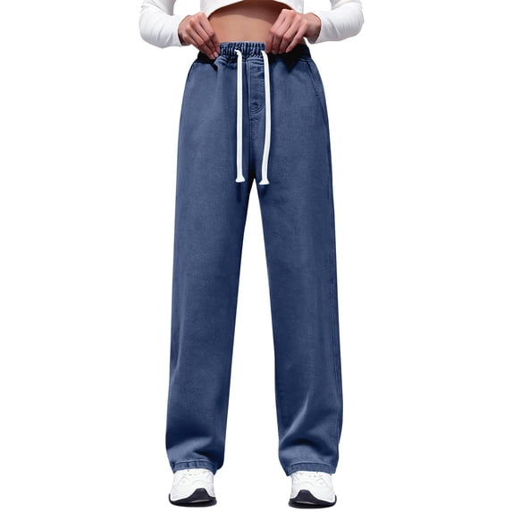 iHPH7 Women's Drawstring Straight Leg Jeans High Elastic Waisted Stretch Frayed Loose Fit Trouser Jeans Denim Pants Dark Blue L