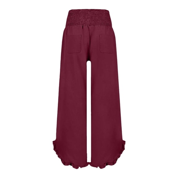 iHPH7 Women's Elastic Smock Waist Wide Leg Pants - High Rise Flowy Palazzo Trousers Ruffle Hem Boho Casual Summer Beach Pants Side Pockets Loose Comfy Everyday Vacation Wear Wine XXL