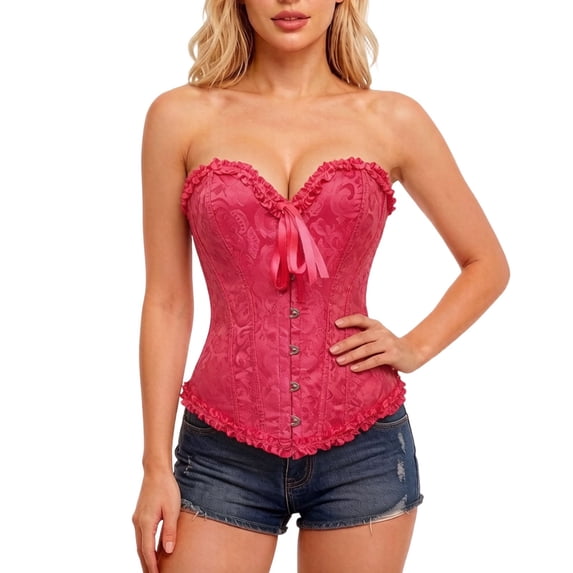 iHPH7 Women's Elegant Floral Jacquard Corset Top Strapless Sweetheart Bustier Renaissance Bodice Hot Pink L