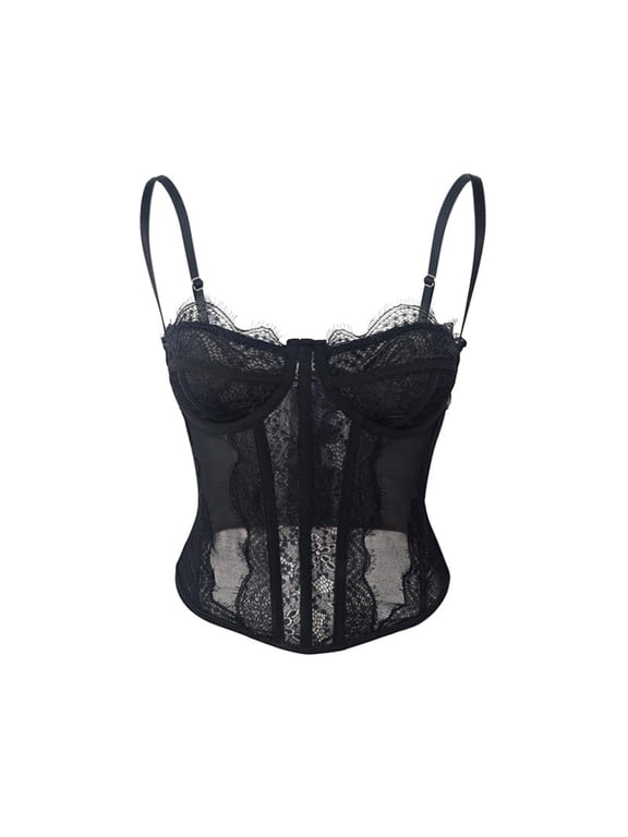 Women's Floral Lace Corset Top Sheer Mesh Bustier Scalloped Cup Spaghetti Strap Vintage Shapewear Bodice Black L