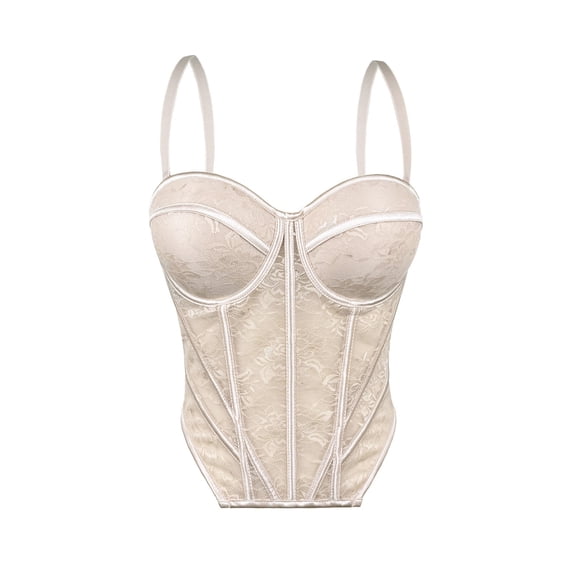 iHPH7 Women's Floral Lace Corset Top Sheer Mesh Bustier Spaghetti Strap Underwire Shapewear Y2k Fashion Going Out Bodice Beige L