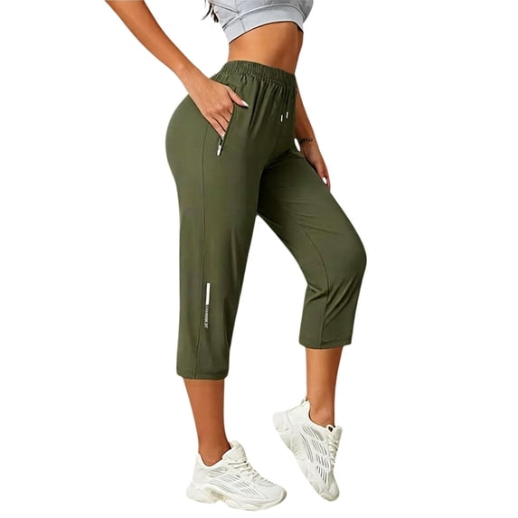 iHPH7 Women's Gym Workout Capris with Zipper Pockets Quick Dry Athletic Cropped Pants Stretchy Lightweight Running Yoga Trousers Hiking Activewear Army Green M