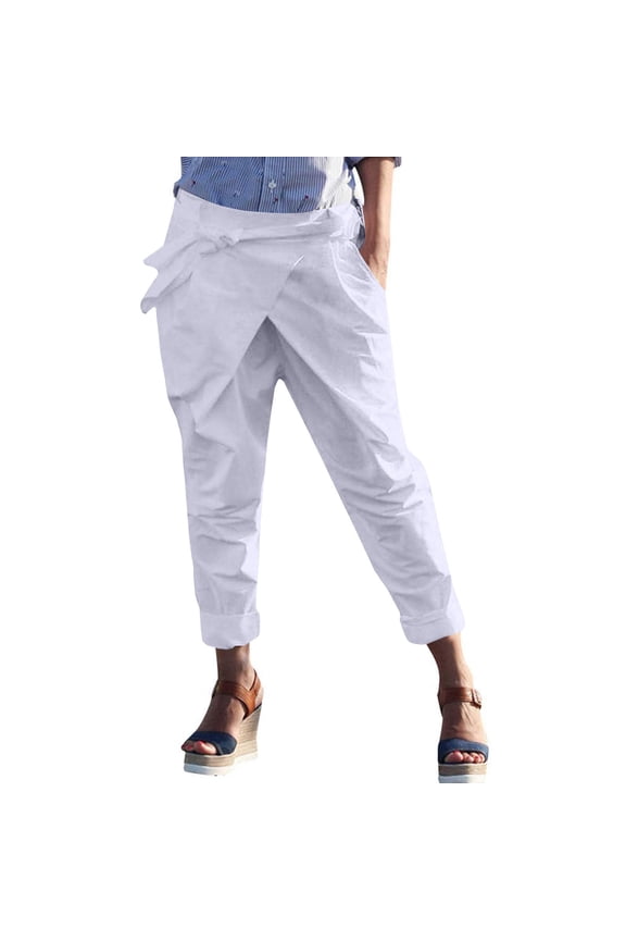 Women's High Waisted Wrap Pants with Tie Waistband Wide Leg Trousers Casual Office Work Pants Sash Belt Front Cross Lightweight Summer Pants for Women White XL