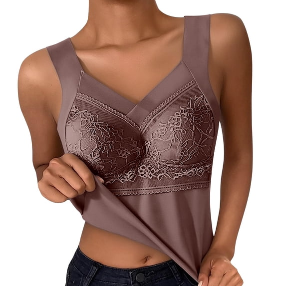 iHPH7 Women's Ice Silk Bralette Cami Tank Top with Removable Pads, Lace Embroidered Wireless Sleep Bra, V-neck Cooling Comfortable Stretchy Yoga & Lounge Vest Brown 3XL