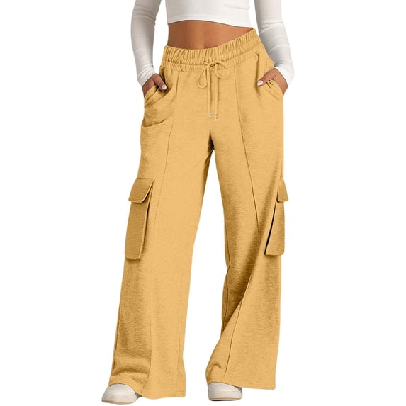 iHPH7 Women's Joggers Womens Fall Pants High Waisted Pants for Women Wide Leg Sweatpants Women Gym Pants Women Travel Pants Cargo Sweatpants for Women Light Yellow M