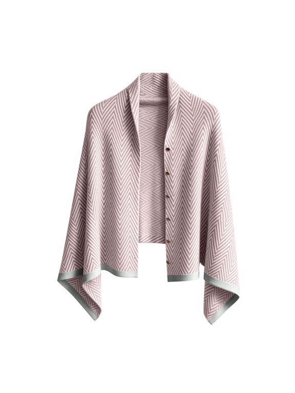 Women's Knit Poncho Cape Open Front Shawl Wrap Button Down Cardigan Chevron Pattern Winter Warm Pink 60*170