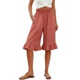 thumbnail image 1 of iHPH7 Women's Linen Blend High Waist Wide Leg Capris Ruffle Pedal Pushers with Pockets Smocked Elastic Cropped Pants Summer Casual Beach Lounge Trousers Watermelon Red 3XL, 1 of 6