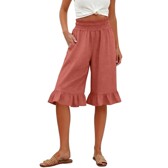 iHPH7 Women's Linen Blend High Waist Wide Leg Capris Ruffle Pedal Pushers with Pockets Smocked Elastic Cropped Pants Summer Casual Beach Lounge Trousers Watermelon Red 3XL