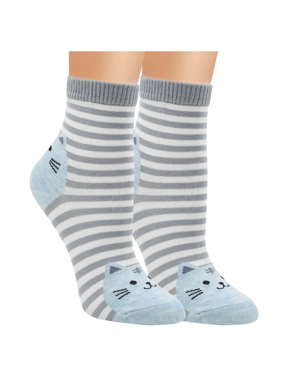 Women's Novelty Animal Socks, Cute Striped Cat Face Crew Socks, Sweet Funny Cotton Hosiery Casual Daily Wear Outfit Accessories Blue One Size