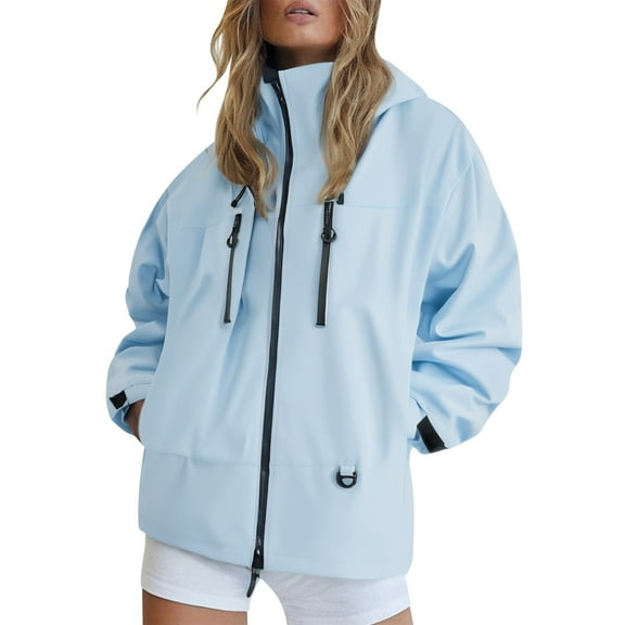 iHPH7 Women's Outerwear Hooded Jacket Women Waterproof Hiking Jacket Fall Fashion Zip Up Jacket Hooded Rain Coats for Women Hooded Rain Jacket Women Light Blue 3XL