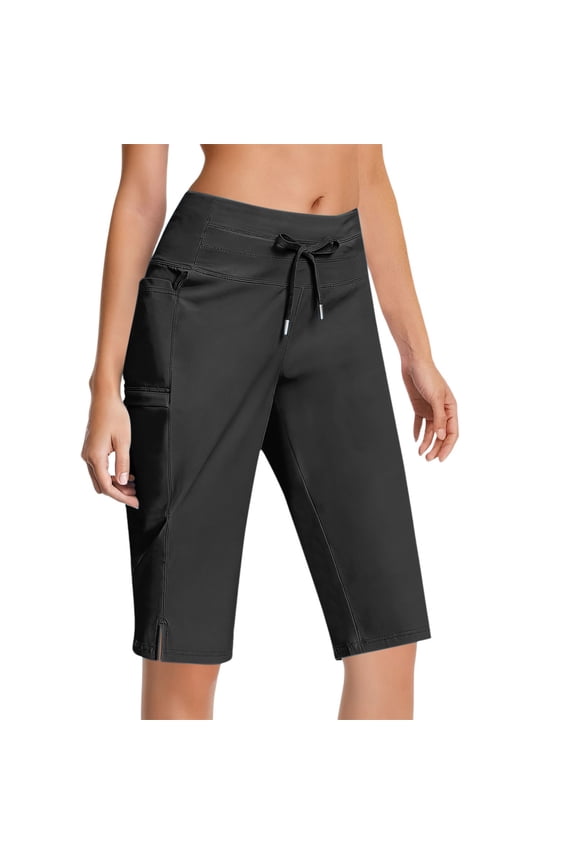 Women's Pedal Pushers Capri Pants Drawstring Waist with Pockets Side Slits Loose Fit Lightweight Casual Summer Cropped Pants Comfortable Elastic Pull-on Everyday Beach Active Wear Black XL