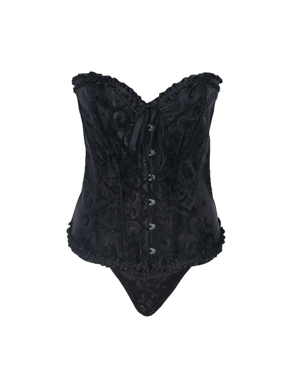 Women's Pink Floral Brocade Corset Top Sweetheart Neckline Overbust Bustier Lace Up Bodice Black L