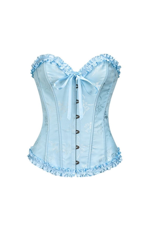 Women's Pink Floral Brocade Corset Top Sweetheart Neckline Overbust Bustier Lace Up Bodice Blue L