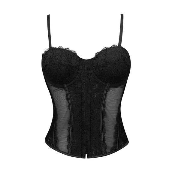 iHPH7 Women's Push Up Lace Corset Top Sheer Mesh Boned Bustier Underwire Cup Waist Cincher Trendy Streetwear Statement Top Black S