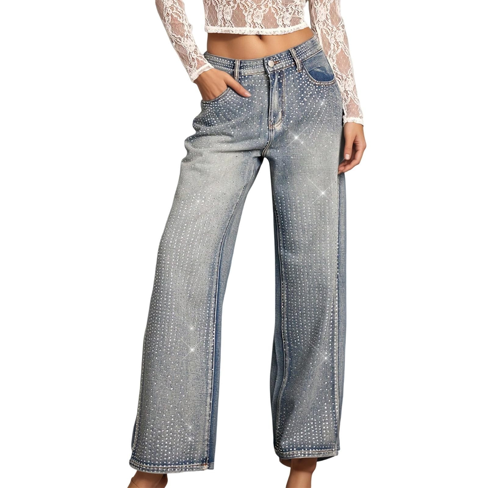 iHPH7 Women's Rhinestone Jeans Baggy High Waisted Y2k Straight Wide Leg Sparkly Glitter Bling Denim Pants Trousers Blue L