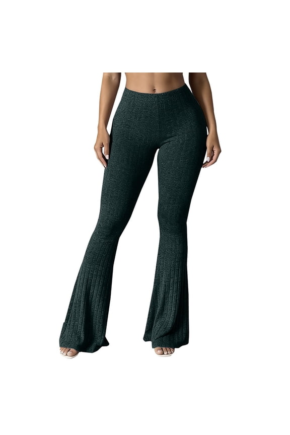 Women's Ribbed Knit Flared Pants, Stretchy Fitted Bell Bottom Yoga Pants Dark Green XXL