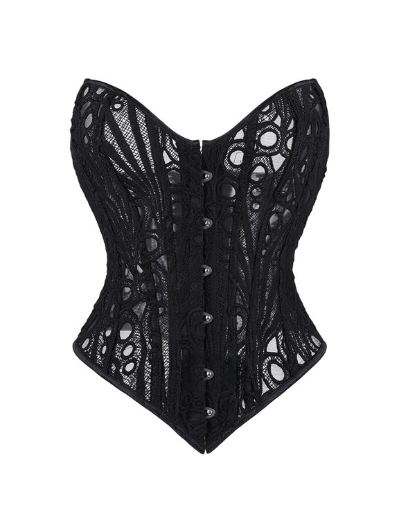 Women's Sheer Cutout Lace Corset Top Vintage Boned Bustier Front Busk Shapewear Bodice for Festival Outfit Black L