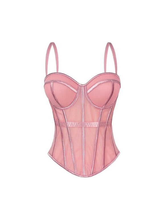 Women's Sheer Mesh Corset Top Spaghetti Strap Bustier Underwire Cup Vintage Boned Waist Cincher Fashion Shapewear Top Pink L