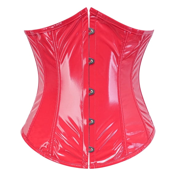 iHPH7 Women's Shiny Faux Leather Underbust Corset Front Busk Waist Cincher Clubwear Bodice Red L