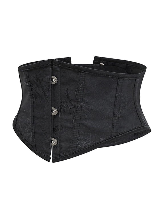 Women's Short Underbust Corset Floral Brocade Waspie Waist Cincher Vintage Belt Black S