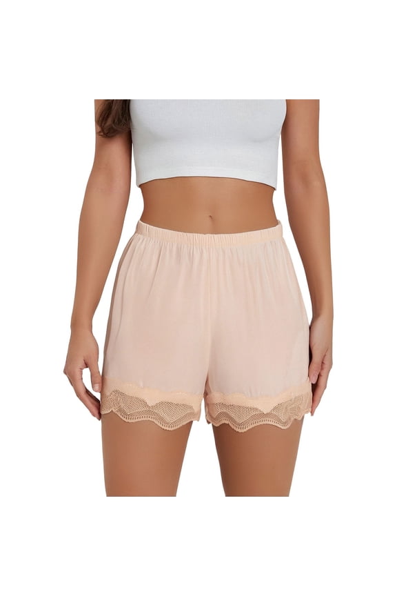 Women's Slip Shorts for Under Dresses Anti Chafing Undershorts Lace Trim Pettipants Breathable Loose Bloomers Silky Lounge Sleep Shorts Comfy Boyshorts Beige M