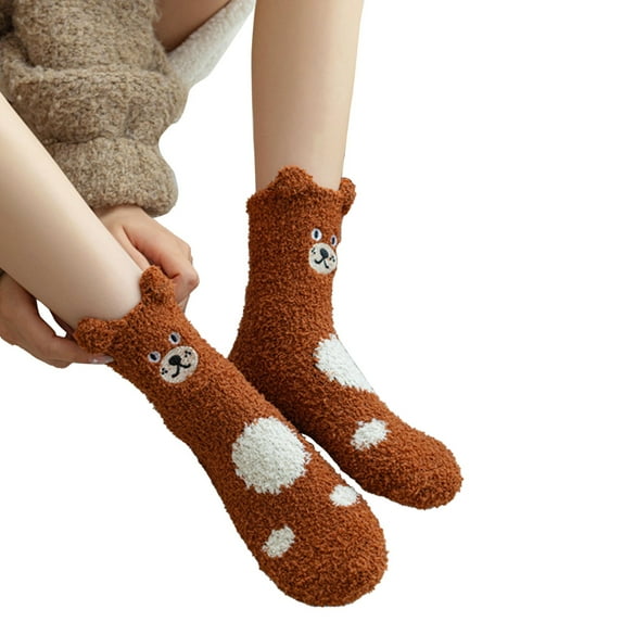 iHPH7 Women's Slipper Socks Thick Fuzzy Socks Women's Crew Socks Hospital Socks with Grips for Women Thick Socks Slippers Socks for Women Sleeping Socks Brown One Size