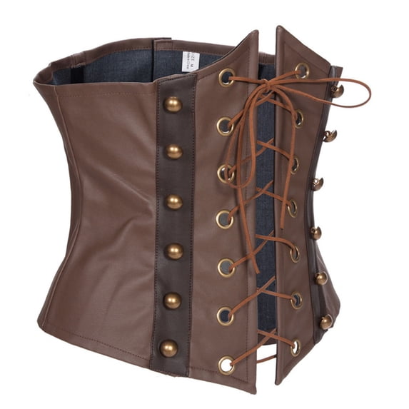 iHPH7 Women's Steampunk Faux Leather Underbust Corset Lace Up Vintage Waist Cincher Belt Coffee L