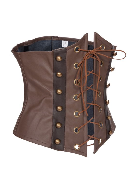 Women's Steampunk Faux Leather Underbust Corset Lace Up Vintage Waist Cincher Belt Coffee L