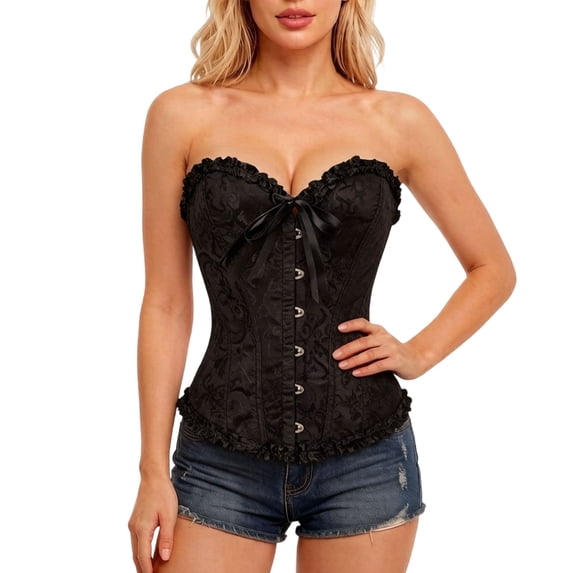 iHPH7 Women's Strapless Sweetheart Corset Top Floral Brocade Boned Bustier Renaissance Festival Outfit Black XL