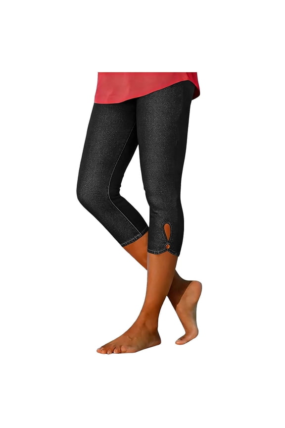 Women's Stretch Faux Denim Pedal Pushers Capri - Pull On 7/8 Cropped Leggings Mid Rise Fake Jean Style Pants Lightweight Casual Summer Vacation Beach Black S