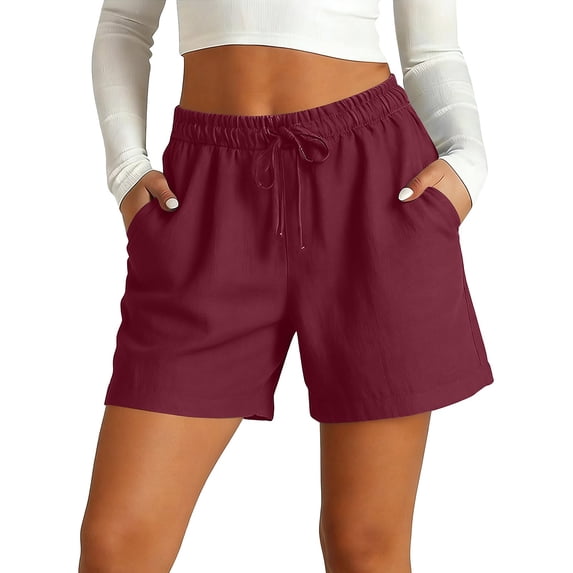 iHPH7 Women’s Summer Casual Cotton Linen Shorts Drawstring Elastic Waist Beach Vacation Loose Fit Shorts with Pockets Wine S