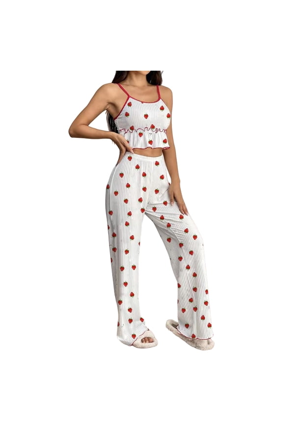 Women’s Two Piece Pajama Set with Cherry Print - Ribbed Ruffle Cami Top and Loose Wide Leg Pants, Soft Comfortable Sleepwear Lounge Outfit Cute Summer Outfits Red S