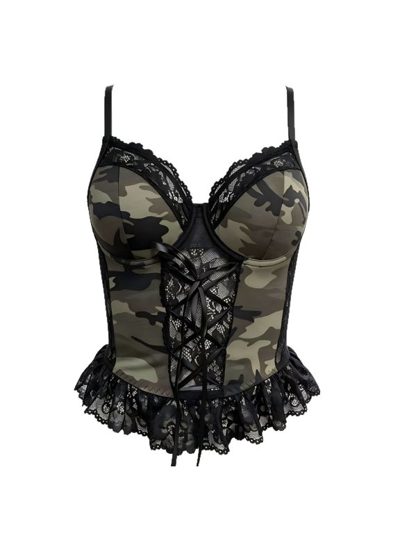 Women's Vintage Camo Corset Top Lace Trim Boned Bustier Waist Cincher Party Apparel Edgy Streetwear Going Out Bodice Army Green S