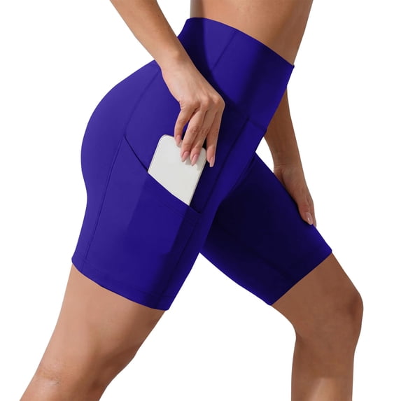 iHPH7 Women's Yoga Biker Shorts High Waisted with Pockets Workout Athletic Running Gym Shorts Tummy Control Side Pockets Breathable Stretchy Casual Daily Summer Activewear Blue XL