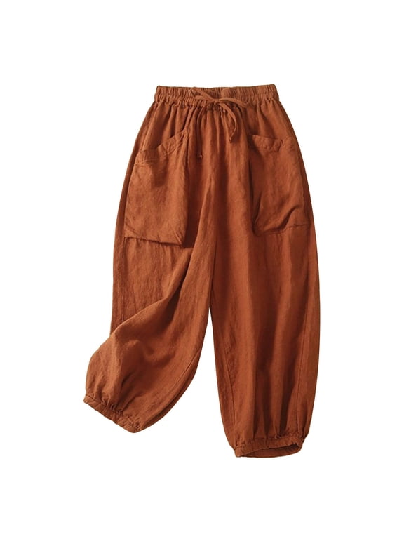 Womens Baggy Harem Pants Casual Drawstring Lounge Trousers with Large Pockets Lightweight Boho Lantern Cotton Pants Orange L