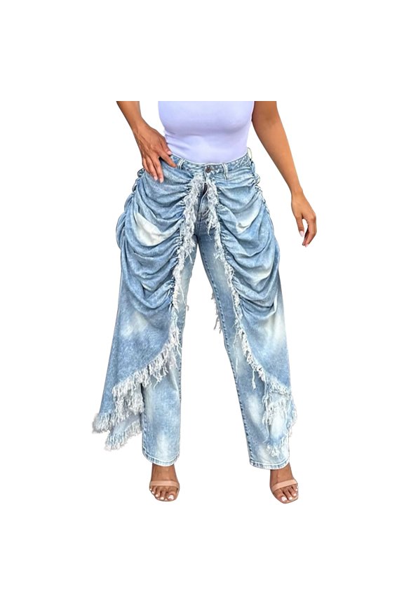 Womens Baggy Jeans High Waisted Wide Leg Distressed Denim Pants Y2k Streetwear Ruched Frayed Trousers Relaxed Fit Clothes Light Blue L