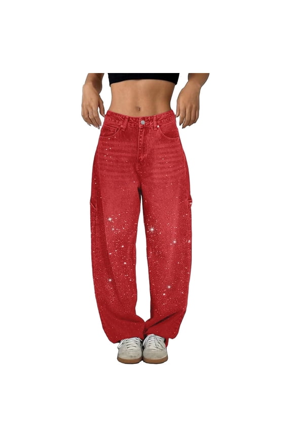Womens Baggy Rhinestone Jeans Y2k Wide Leg Sparkly Bling Glitter Casual Denim Pants Trousers (XS-5XL)