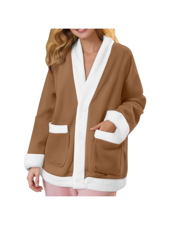 Womens Bed Jacket Womens Fleece Jacket Pajama Tops for Women Fuzzy Jackets for Women Womens Loungewear Winter Pajamas for Women Warm Winter Coats for Women Brown M