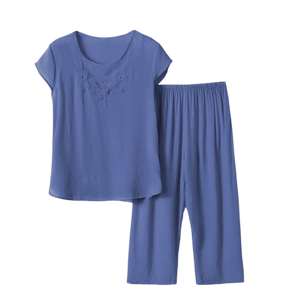 iHPH7 Womens Capri Pajama Sets Short Sleeve Sleepwear Two Piece Wide Leg Loungewear Comfy Solid Pjs for Women Summer Set Blue XXL