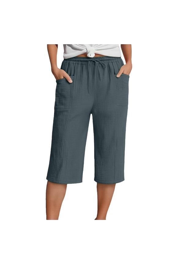 Womens Capri Pants 2026 Knee Length Cotton Linen Capris Summer Straight Leg Loose Beach Bermuda Shorts with Pockets Linen Beach Shorts Women (S-5XL)