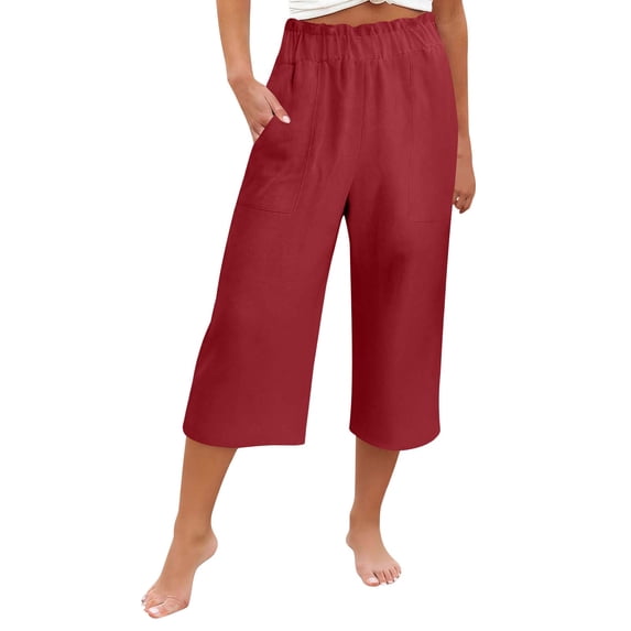 iHPH7 Womens Cotton Cropped Pants Loose Capri Gauze Pants Elastic Waist Trousers Linen Blend Lightweight Capris for Women Cotton Pants for Women Palazzo Capris for Women (S-XXL)
