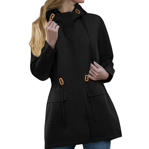 iHPH7 Womens Fall Jackets Long Rain Coats for Women Womens Fall Clothing Zip Up Jacket Hiking Jacket Women Waterproof Windbreaker Women Hooded Jacket Women Black S