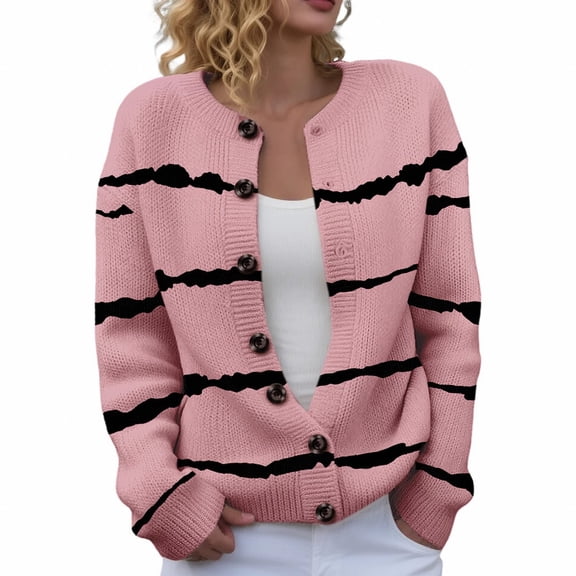 iHPH7 Womens Fall Jackets Striped Cardigans for Women Knits Clothing Long Sleeve Cardigan for Women Travel Sweater Jacket for Women Fall Clothes Pink M