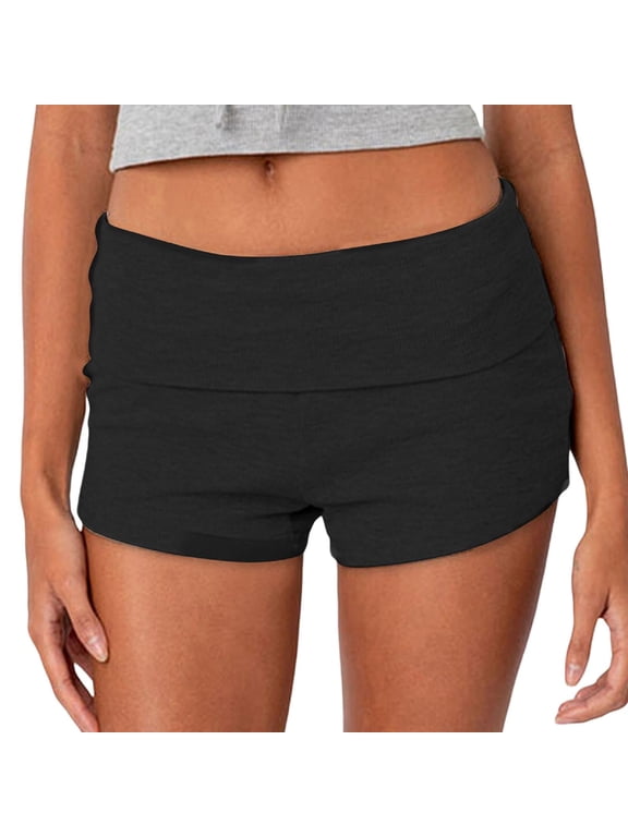 Womens Fold Over Shorts Elastic Waist Y2k Lounge Shorts Foldover Cute Pajama Micro Bottoms Mini Shorts Sleepwear Black M
