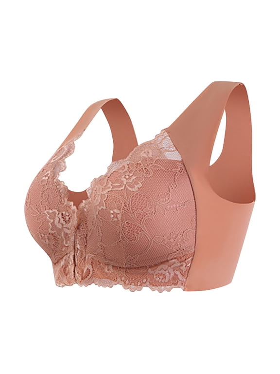 Womens Full Coverage Front Closure Bra Wirefree Lace Comfortable Back Smoothing Everyday Bra Coffee 8XL