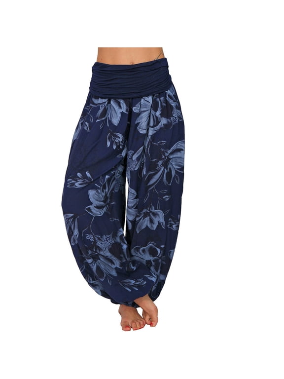 Womens Harem Pants Floral Print Boho Fold Over Pants Casual Yoga Lounge Trousers Flowy Summer Beach Outfits Navy L