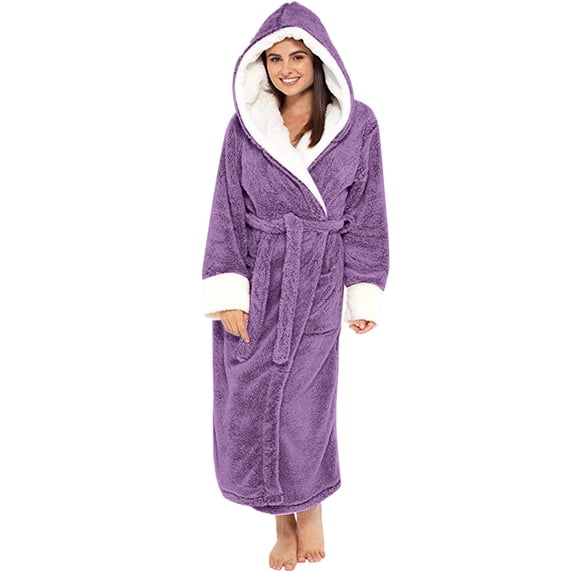 iHPH7 Womens Hooded Fleece Robe, Soft Bathrobe for Womens, Cute Long House Coat Purple 2 4XL