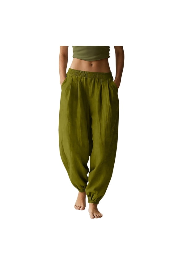 Womens Linen Harem Pants Women's Linen Wide Leg Pants Summer 2026 Casual Loose Beach Vacation Baggy Palazzo Barrel Pant with Pockets (S-XXL)