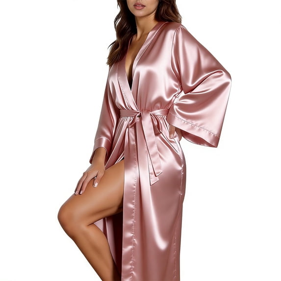 iHPH7 Womens Long Kimono Robe Satin Sleepwear Silky Bathrobe Elegant Lounge Wrap with Tie Waist Light Pink XXL