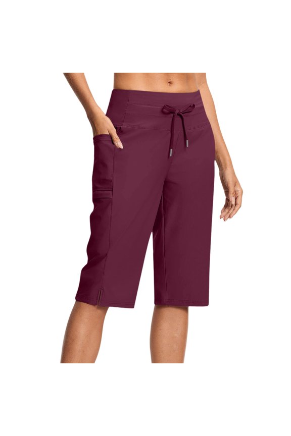 Womens Pedal Pushers Bermuda Long Shorts Knee Length Capris High Waisted Athletic Shorts with Pockets Summer Stretch Loose Wine S
